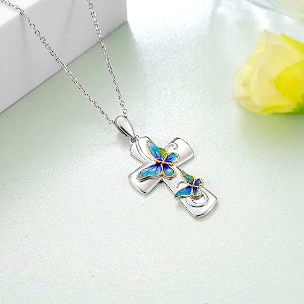 Sterling Silver Cross Butterfly Pendant Necklace Elegant Faith Symbol Jewelry - Picture 5 of 8